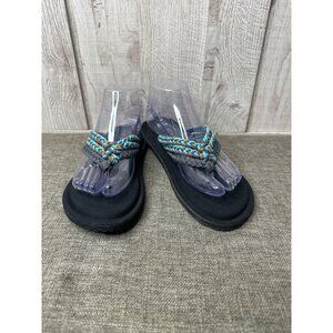 Womens Braided Strap Black Flip Flops With Blue & Orange Accents Size 7